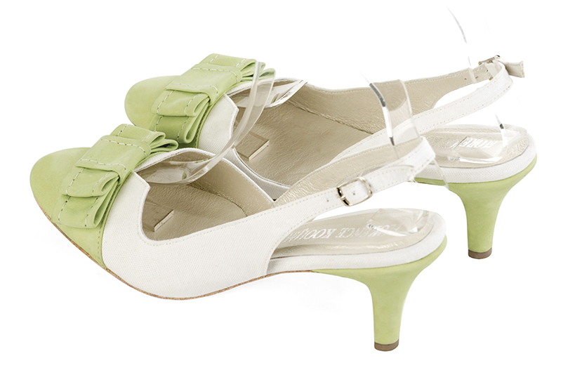 Meadow green and pure white women's open back shoes, with a knot. Round toe. Medium slim heel. Rear view - Florence KOOIJMAN